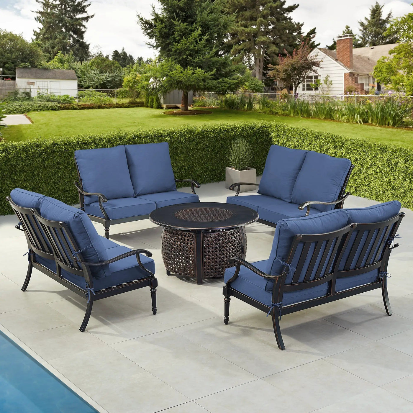 Black Aluminum Fire Table Set with Four Deep Seating Loveseats by Sharicks