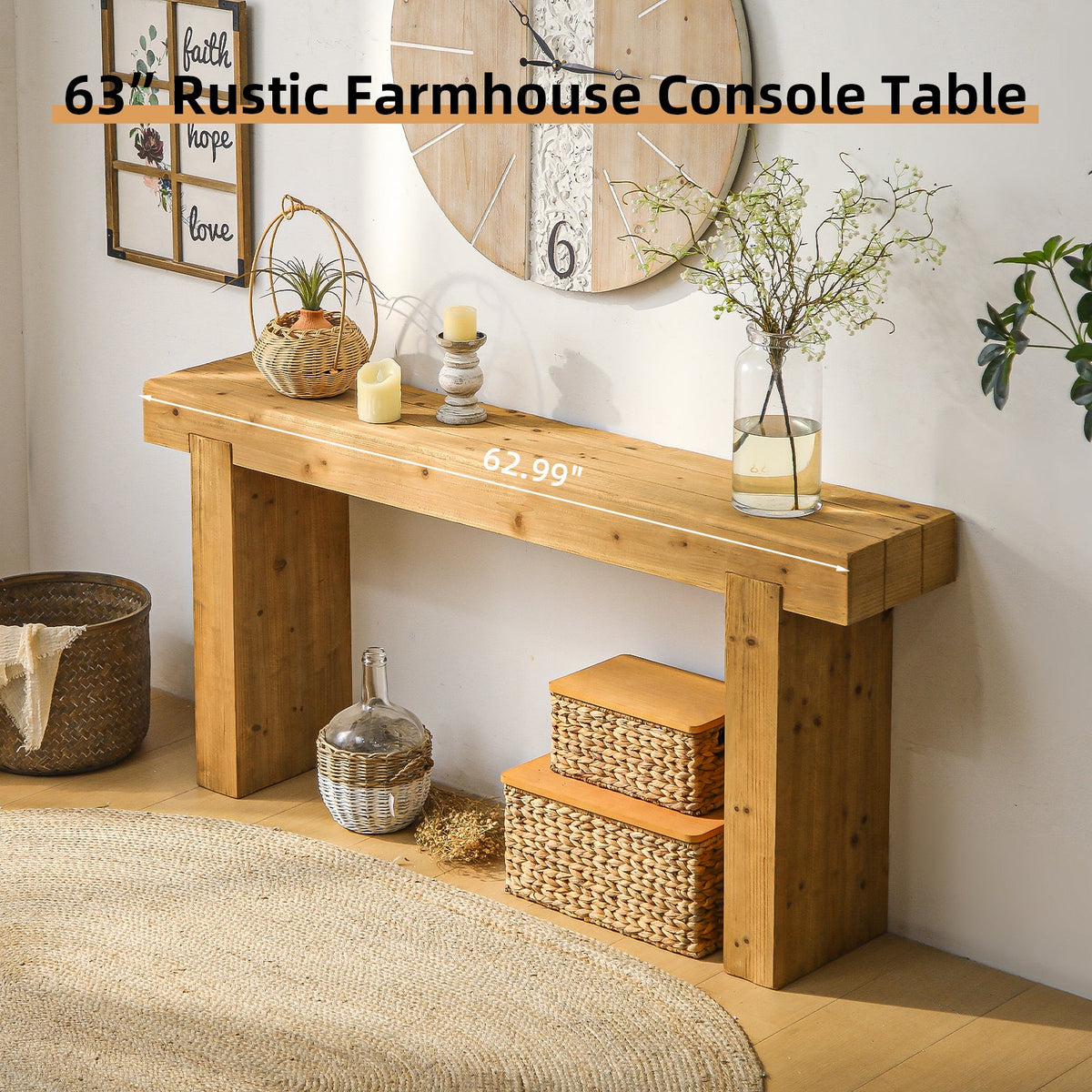 63" Solid Wood Console Table – Rustic Farmhouse Sofa Table, photo 3 of 7