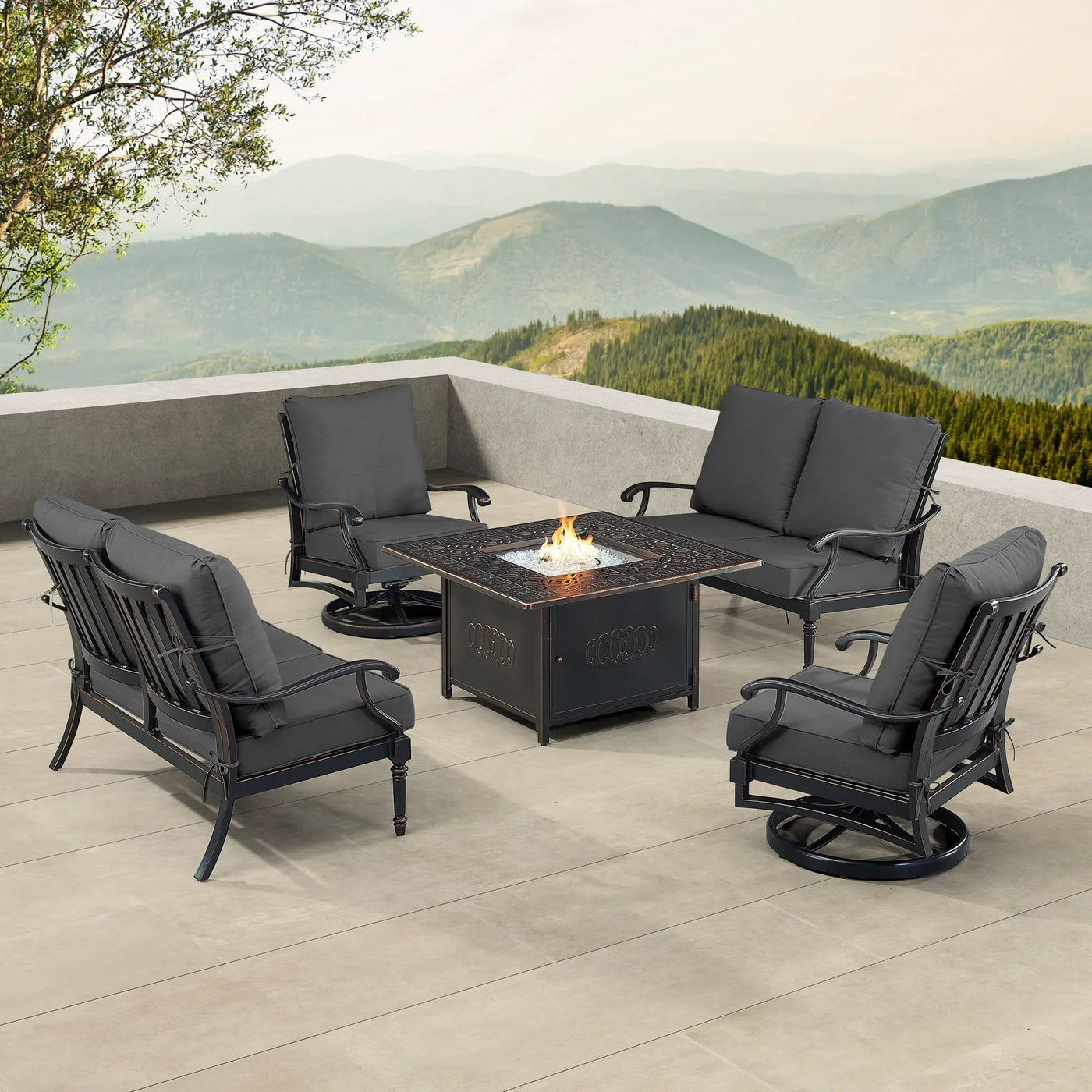 Black Aluminum Fire Table Set with Two Loveseats and Two Club Chairs by Sharicks