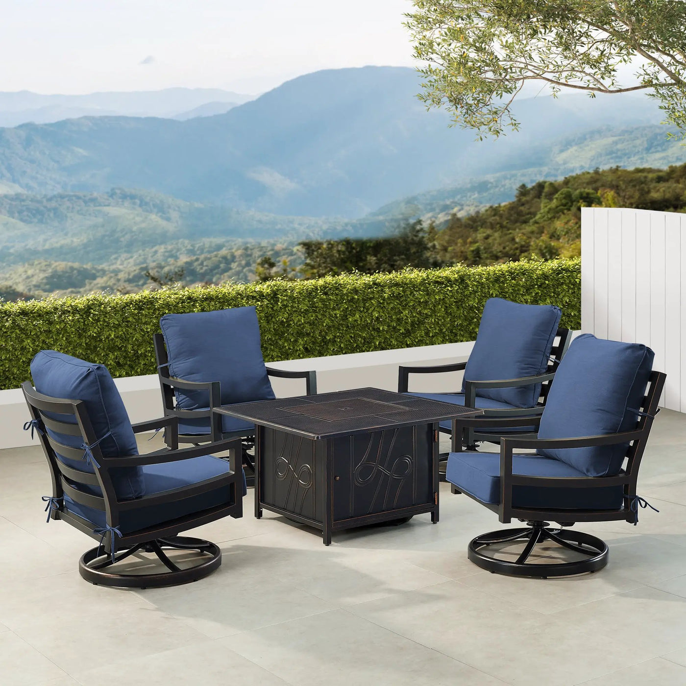 Black Aluminum Fire Table Set with Four Club Chairs by Sharicks