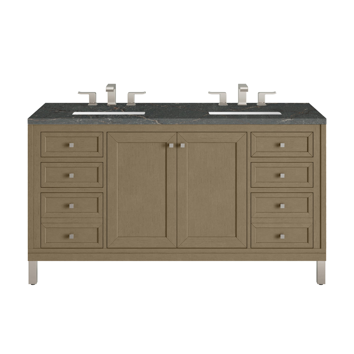 James Martin Chicago 60" Double Bathroom Vanity, Walnut Whisper with Parisien Bleu countertop