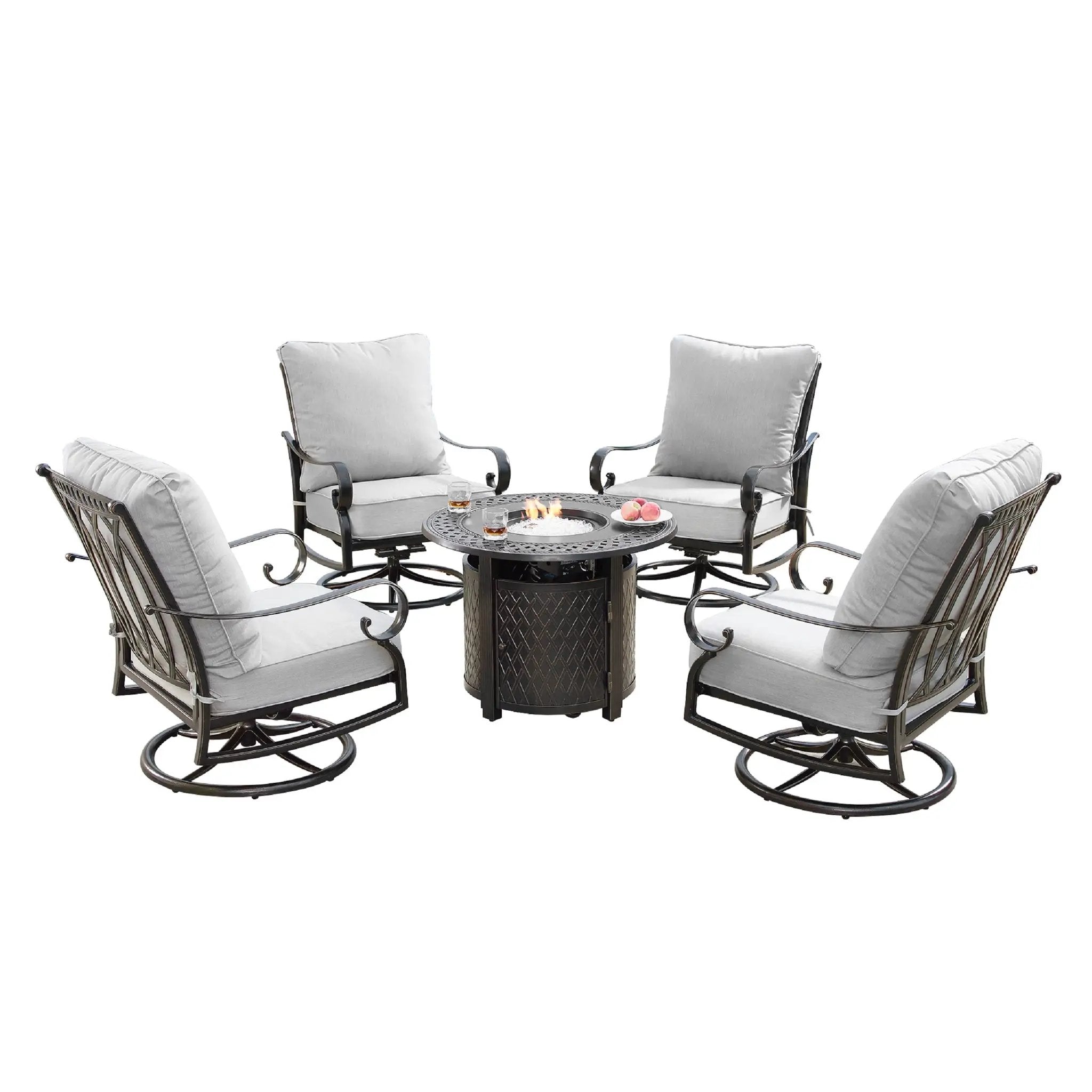 Aluminum 34-in Round Patio Fire Table Set with Swivel Rocking Chairs by Sharicks