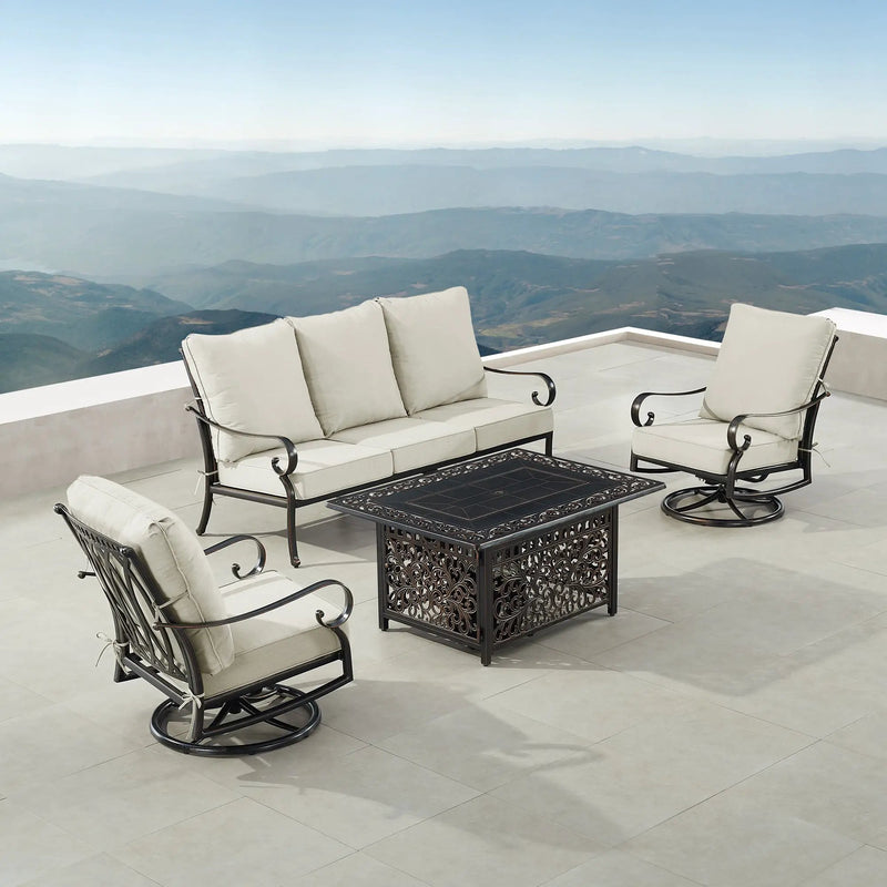 Black Aluminum Fire Table Set with Sofa and Two Club Chairs by Sharicks