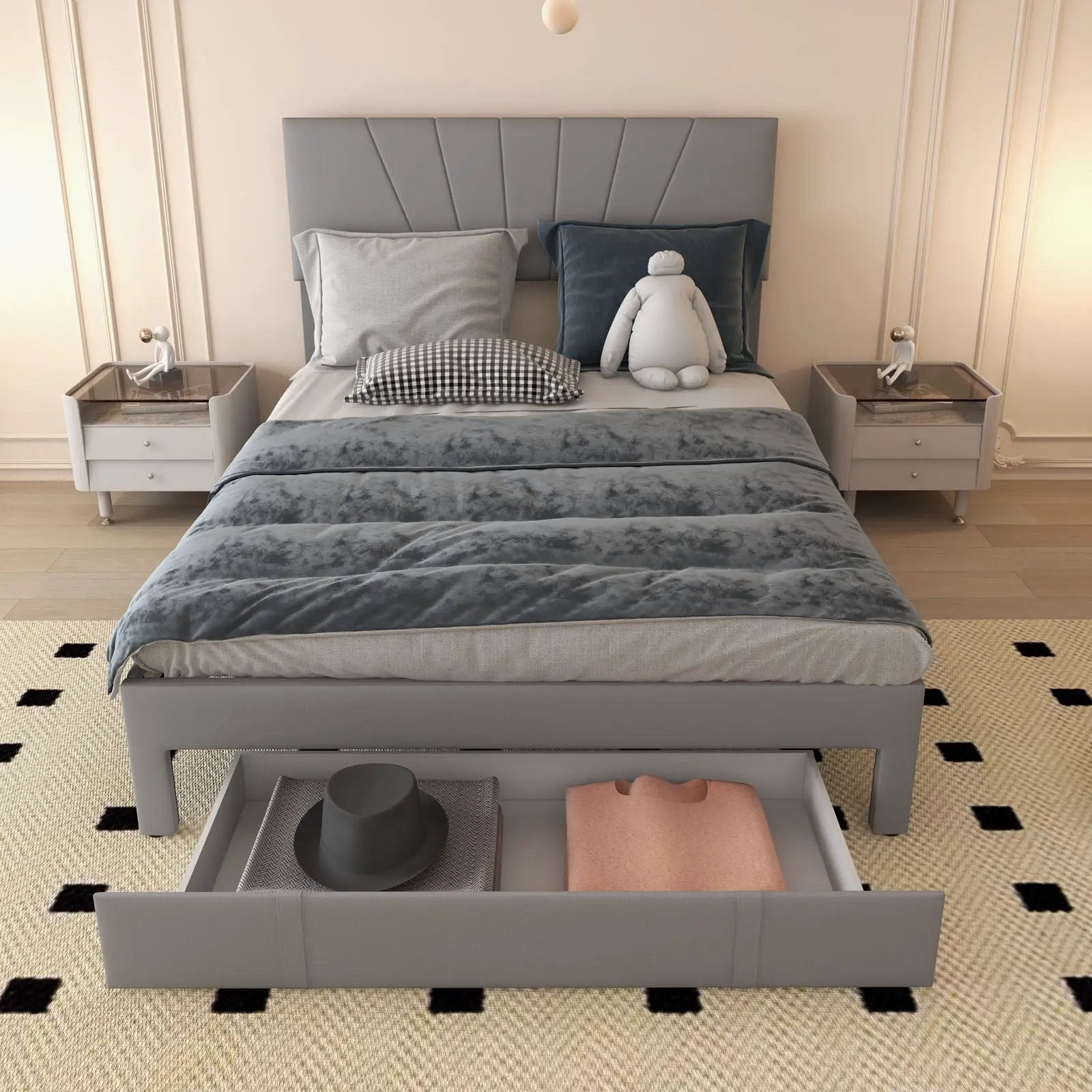 Full/Queen Size Upholstered Bed Frame with Drawer and Adjustable Headboard by DirectDeals