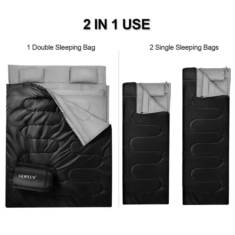 2 Person Waterproof Sleeping Bag with 2 Pillows-Black by DirectDeals