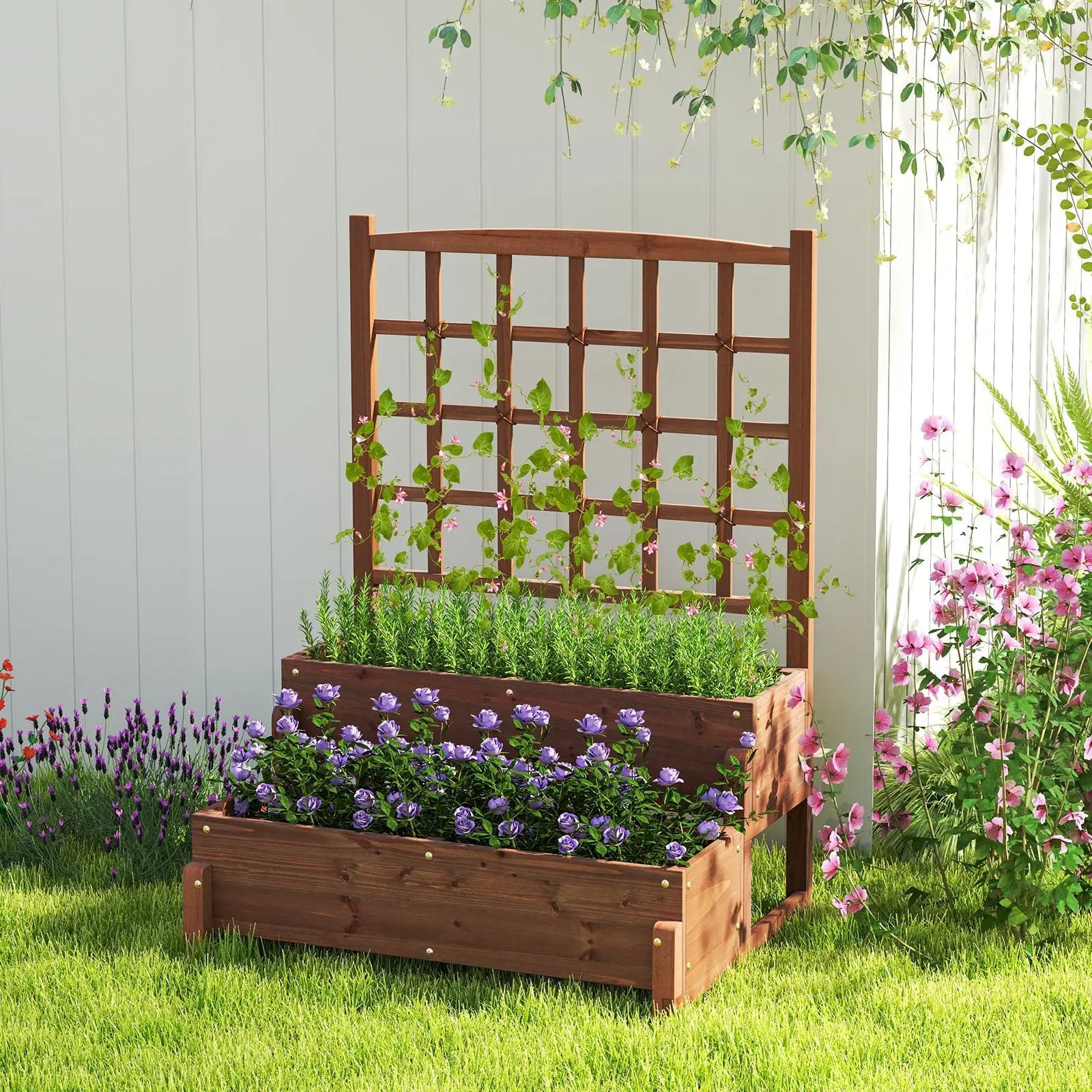 Raised Garden Bed with Trellis 2-tier Wood Planter Box with Drainage Holes-Rustic Brown by DirectDeals