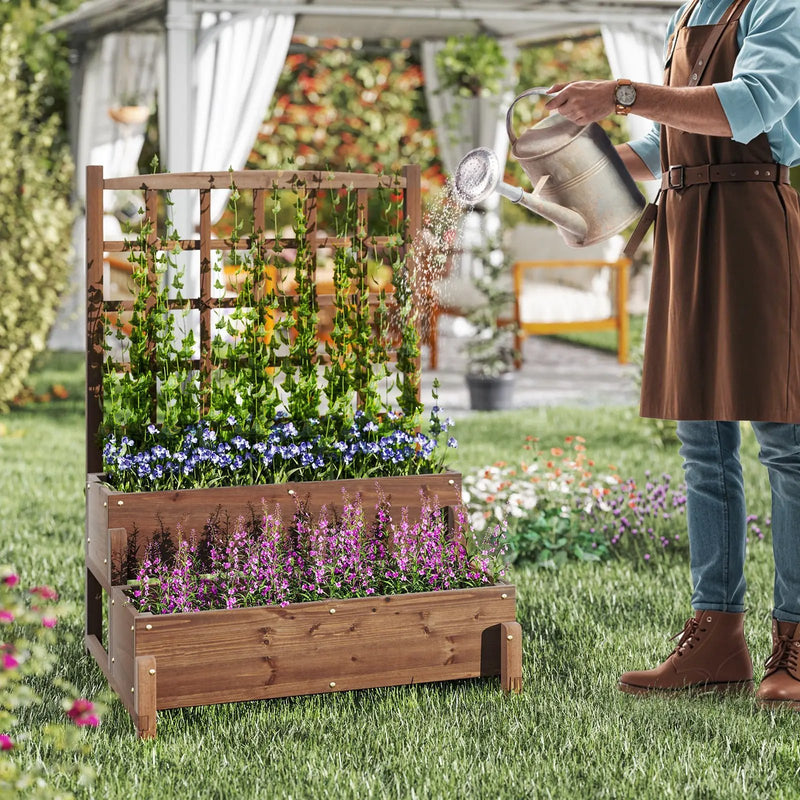 Raised Garden Bed with Trellis 2-tier Wood Planter Box with Drainage Holes-Rustic Brown by DirectDeals