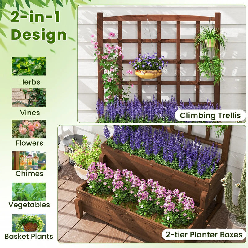Raised Garden Bed with Trellis 2-tier Wood Planter Box with Drainage Holes-Rustic Brown by DirectDeals