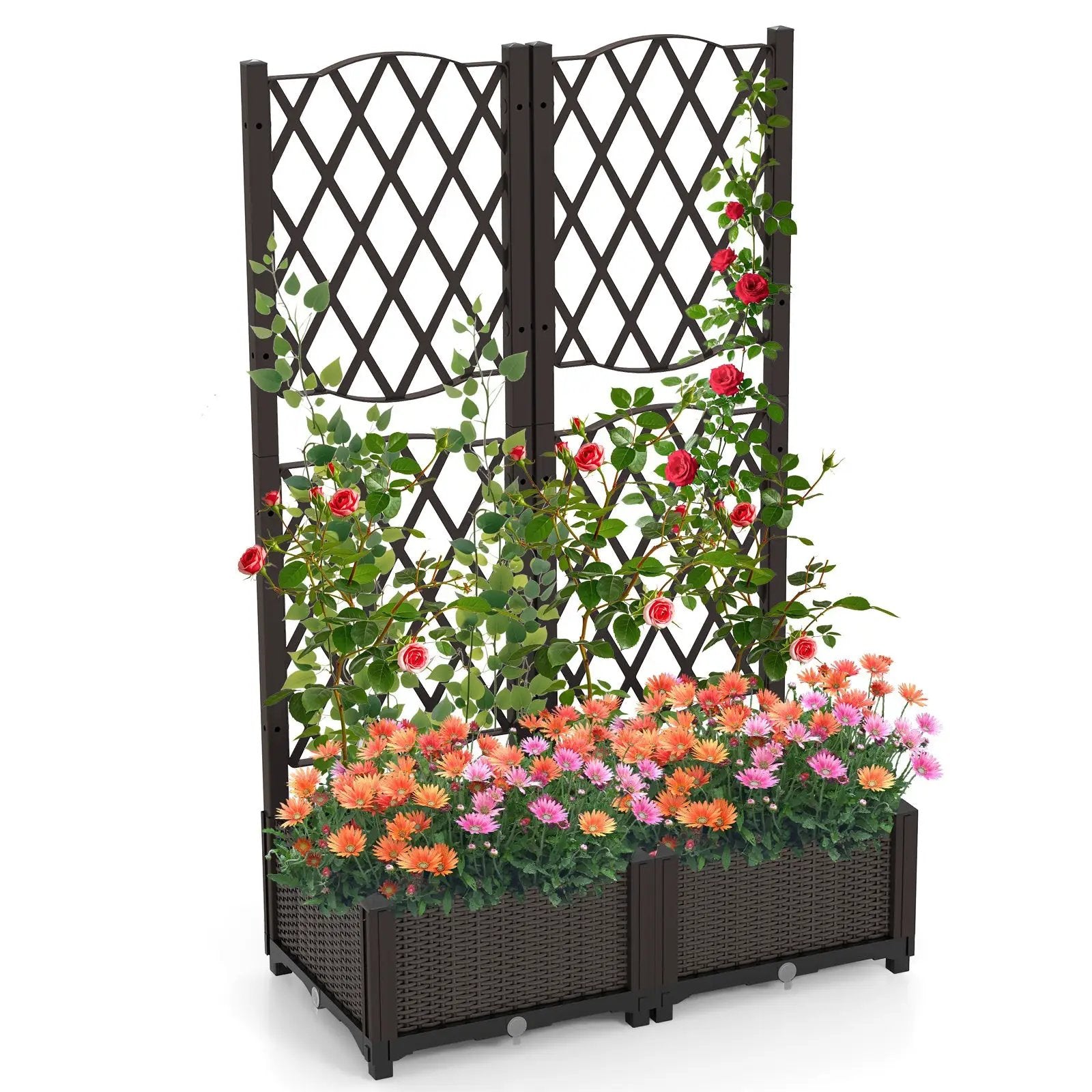PE Rattan Raised Garden Bed with Trellis Planter Box for Climbing Plants-Brown by DirectDeals