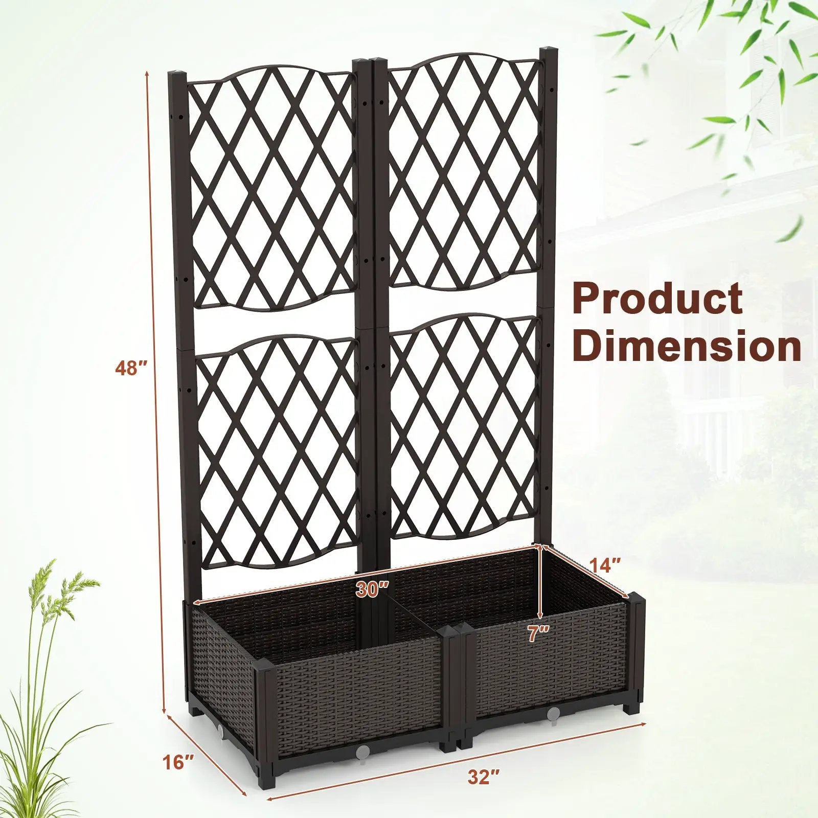 PE Rattan Raised Garden Bed with Trellis Planter Box for Climbing Plants-Brown by DirectDeals