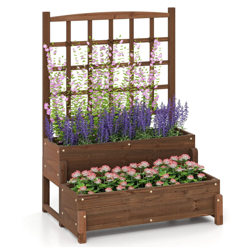 Raised Garden Bed with Trellis 2-tier Wood Planter Box with Drainage Holes-Rustic Brown by DirectDeals