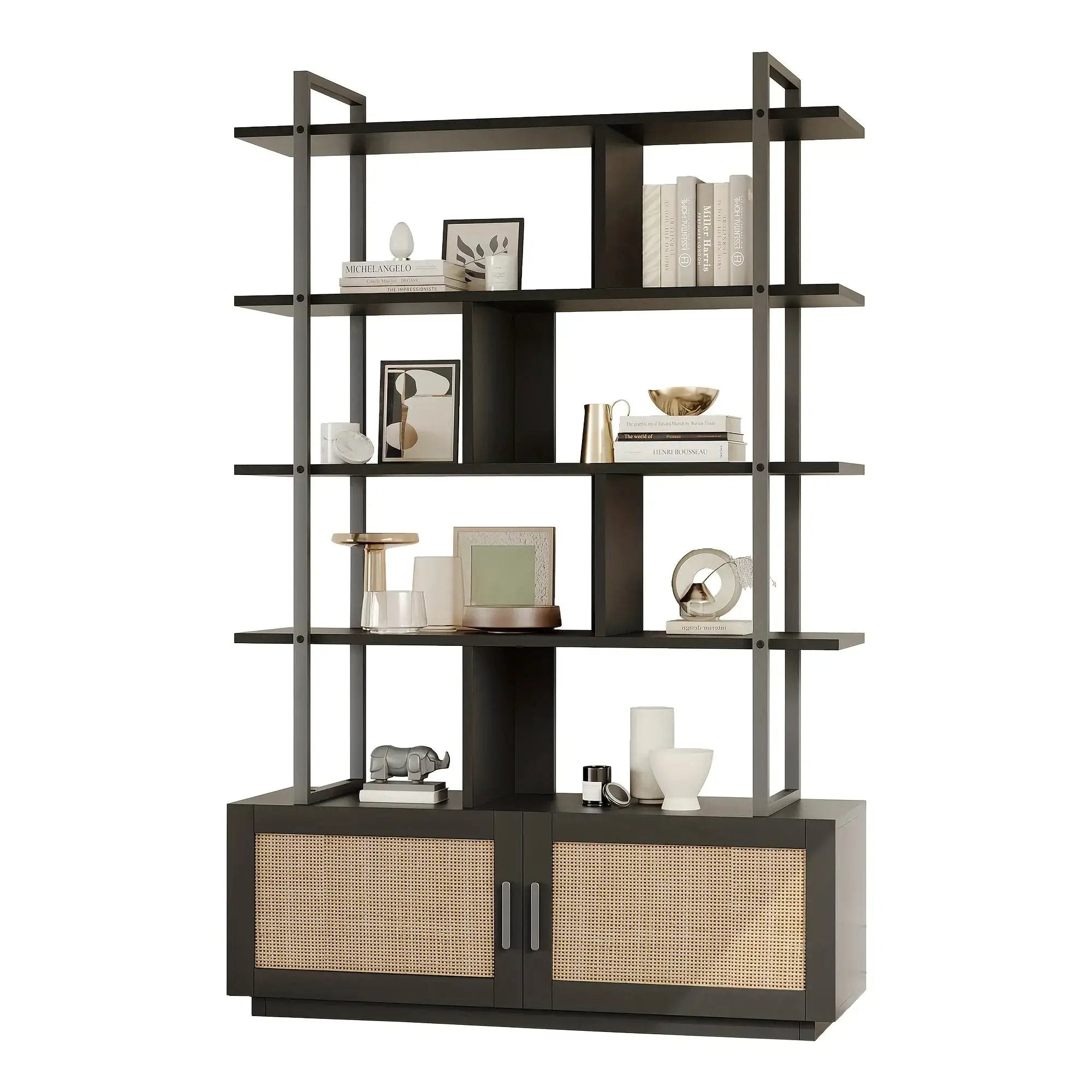 Rattan 5 Tier Bookshelf with Open Storage, 71 Inch Black Bookcase by House Of Avana