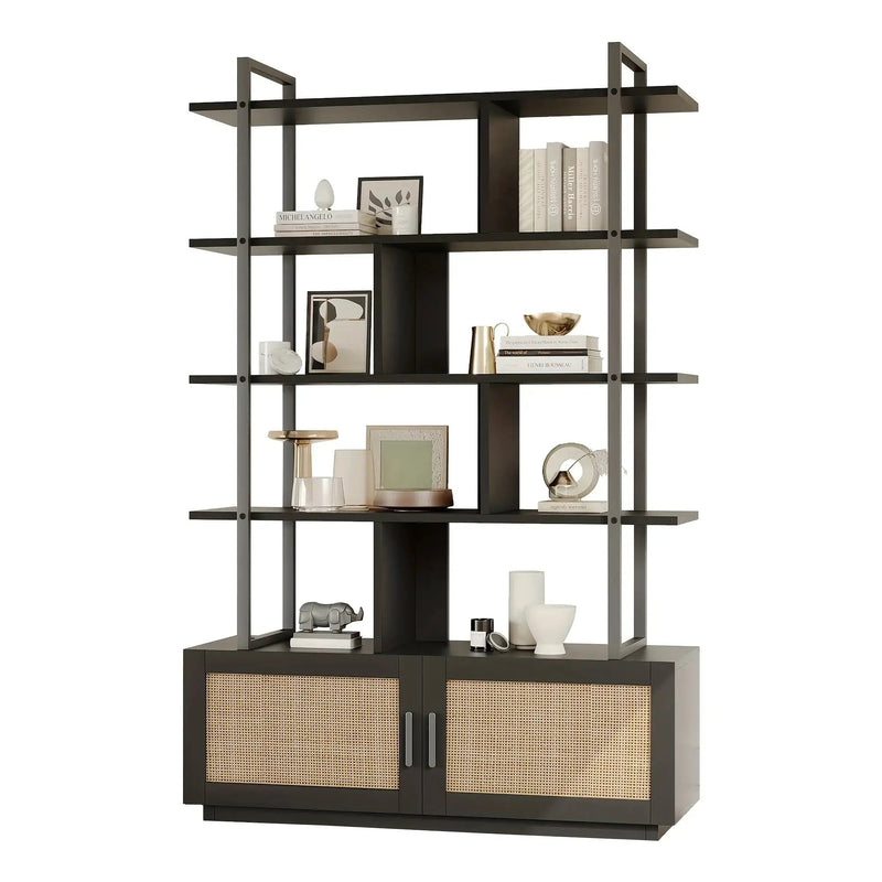 Rattan 5 Tier Bookshelf with Open Storage, 71 Inch Black Bookcase by House Of Avana