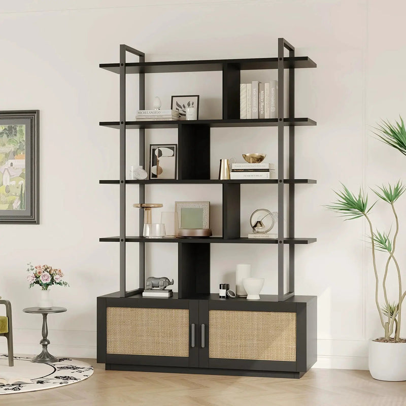 Rattan 5 Tier Bookshelf with Open Storage, 71 Inch Black Bookcase by House Of Avana