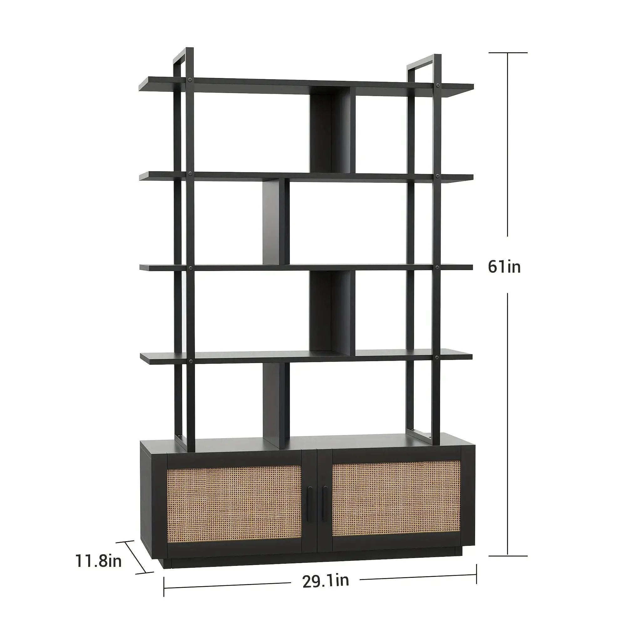 Rattan 5 Tier Bookshelf with Open Storage, 71 Inch Black Bookcase by House Of Avana