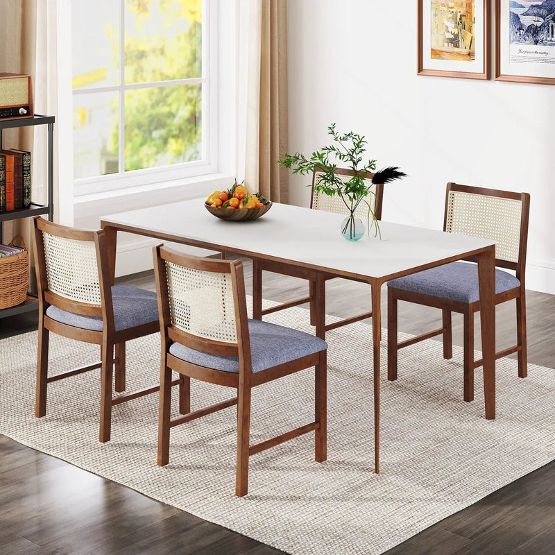 Rattan Dining Chair Set of 2 with Rubber Wood Frame and Linen Fabric Padded Seat-Walnut by DirectDeals