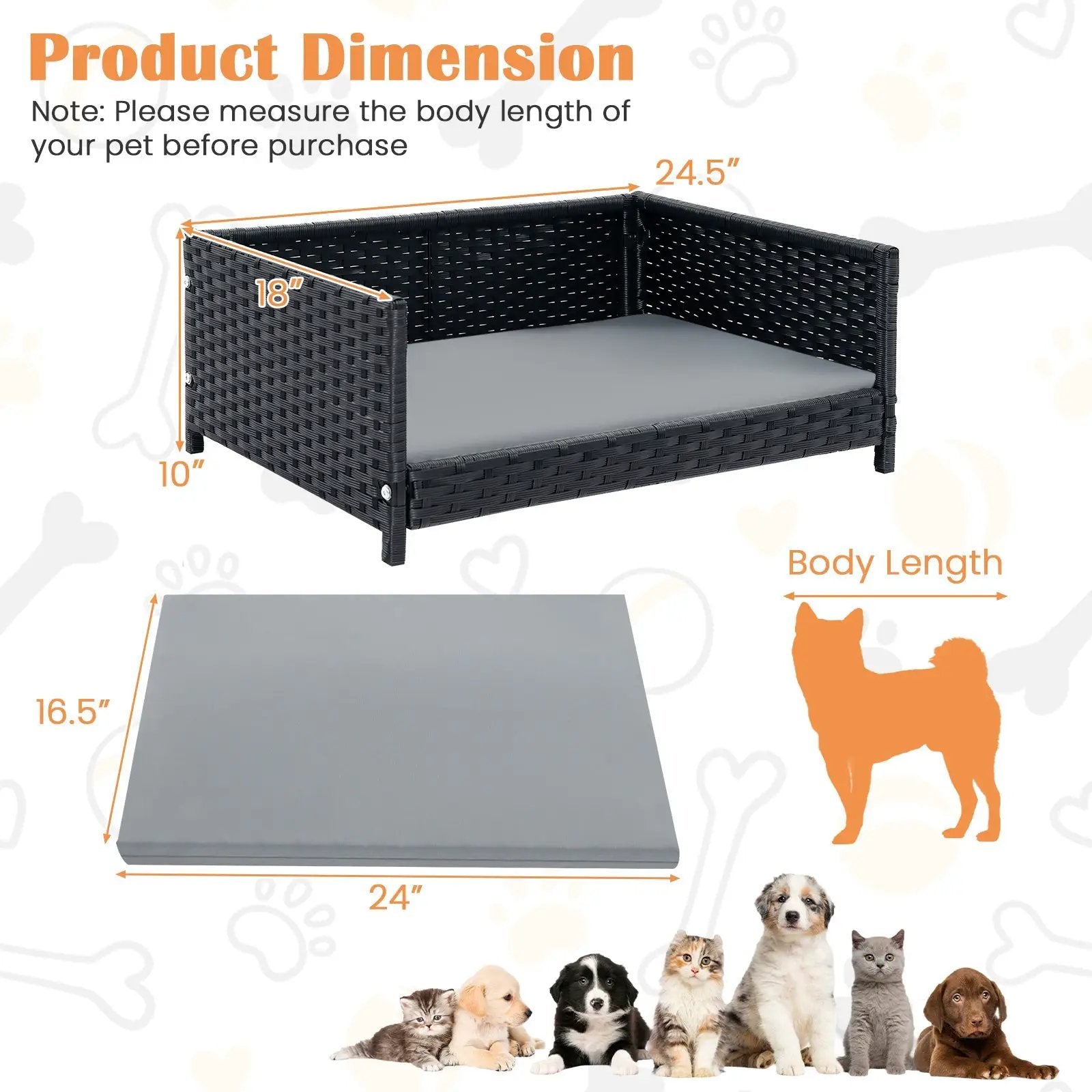 Rattan Dog Bed with Waterproof Soft Cushion for Medium Small Dogs Cats-Gray by DirectDeals