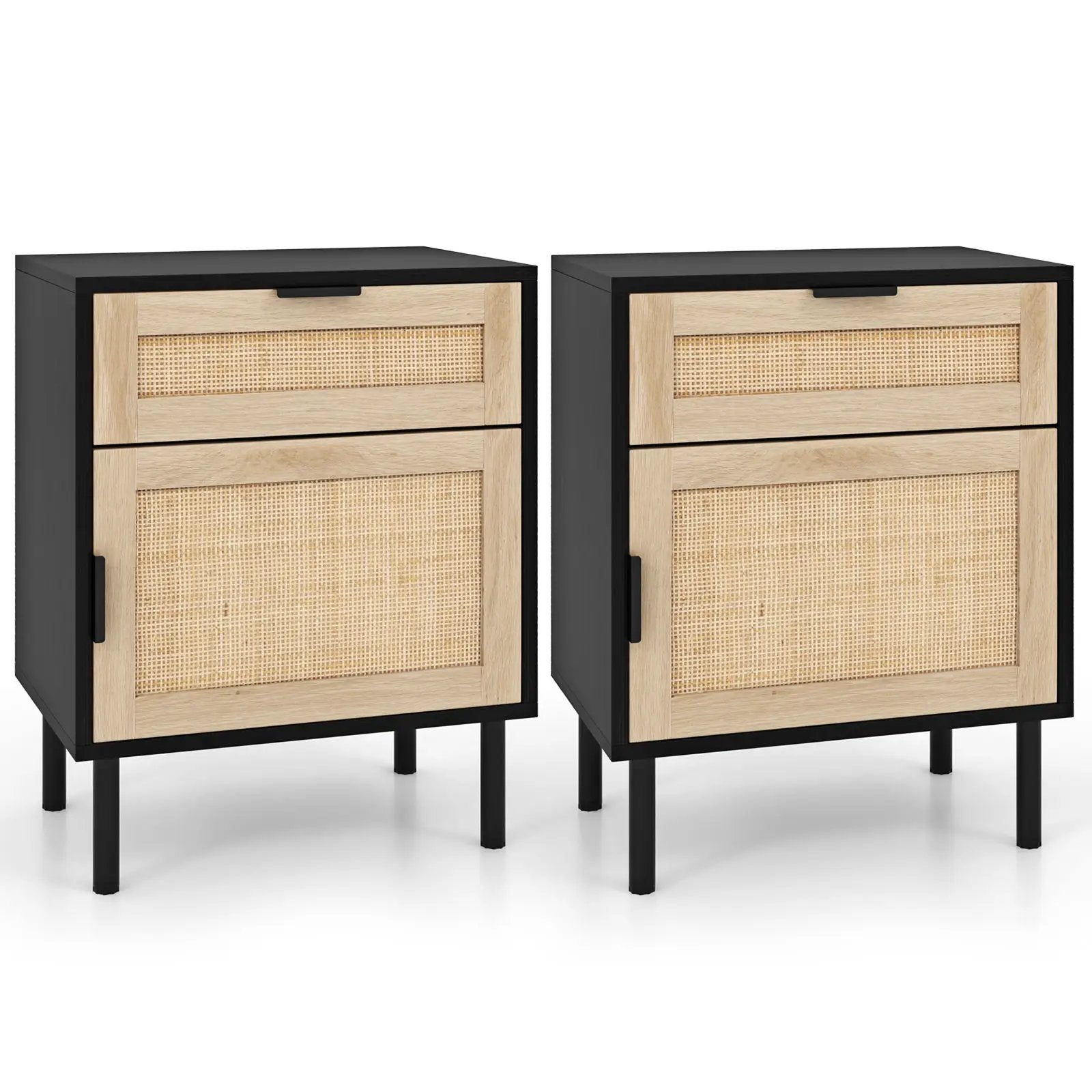 Rattan Nightstand Set of 2 with Drawer and Cabinet-Natural by DirectDeals