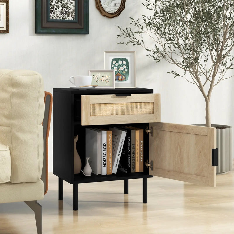 Rattan Nightstand Set of 2 with Drawer and Cabinet-Natural by DirectDeals