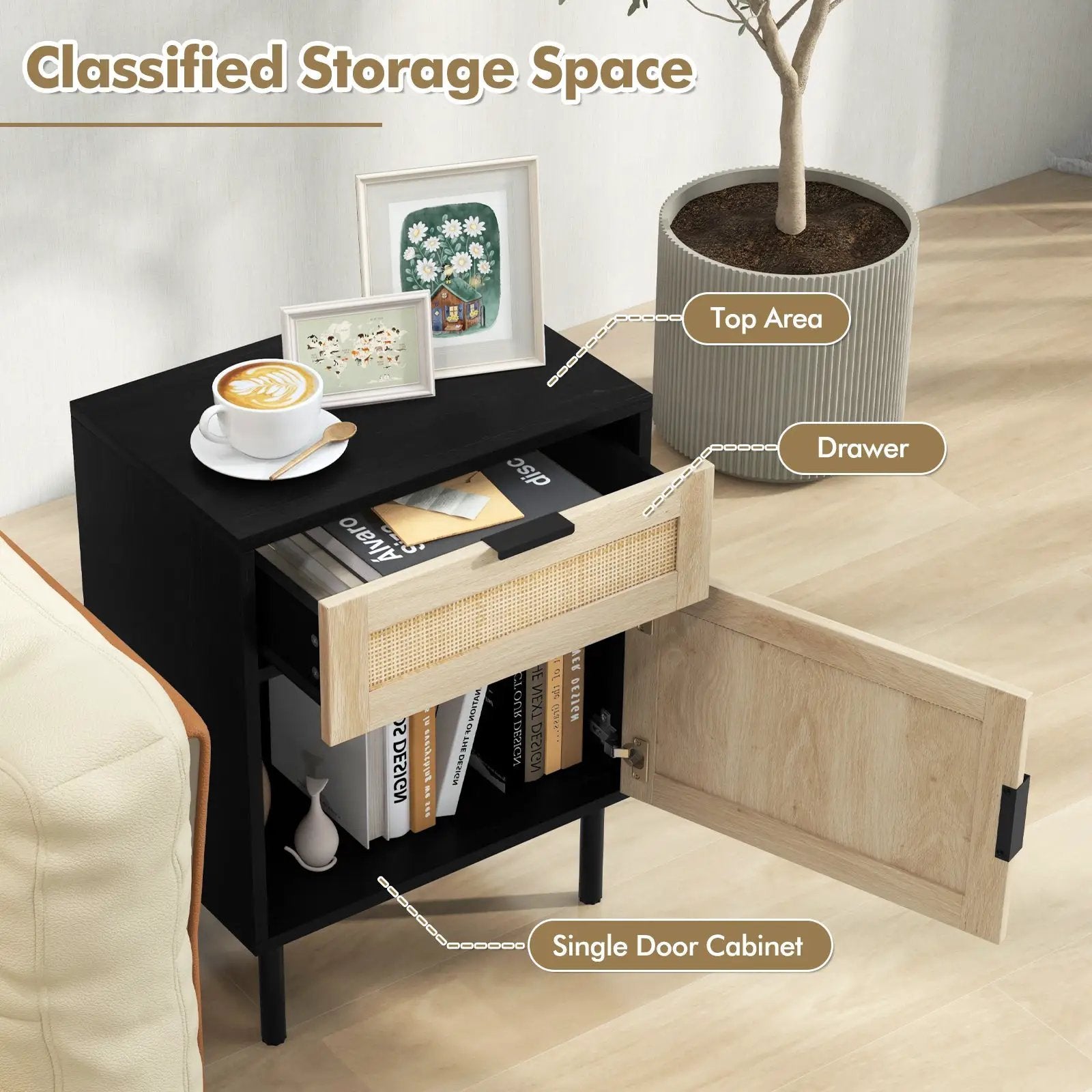 Rattan Nightstand Set of 2 with Drawer and Cabinet-Natural by DirectDeals
