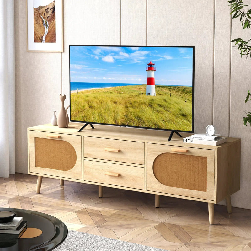 Rattan TV Stand for 65-Inch TV with Drawers and Solid Wood Legs-Natural by DirectDeals
