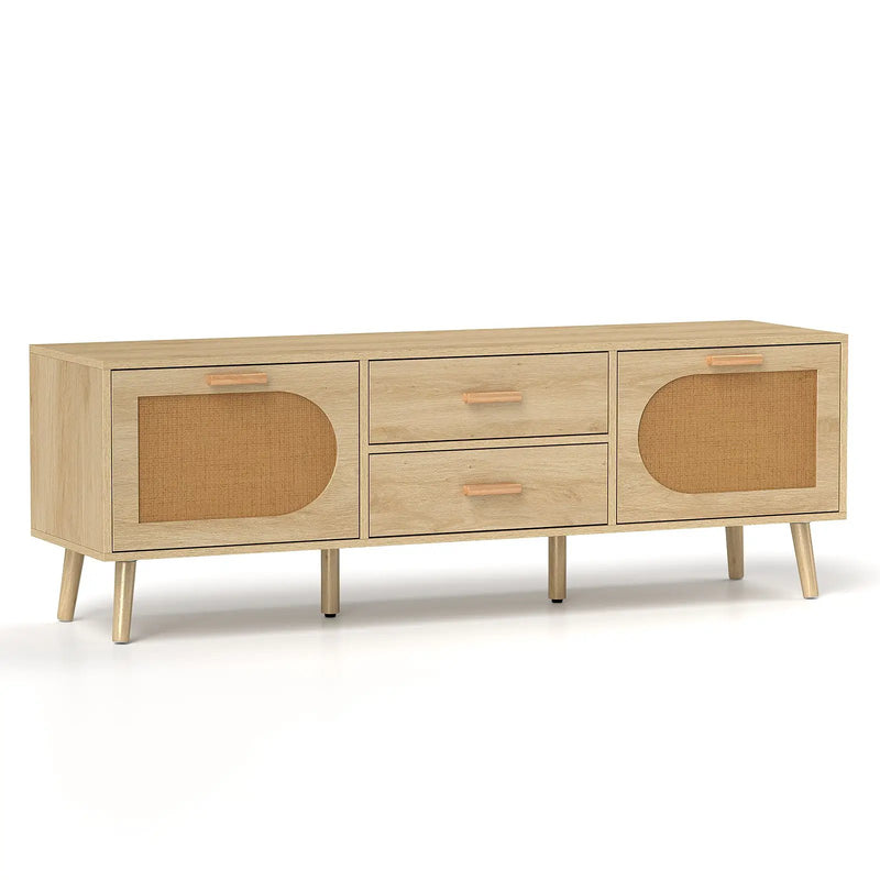 Rattan TV Stand for 65-Inch TV with Drawers and Solid Wood Legs-Natural by DirectDeals