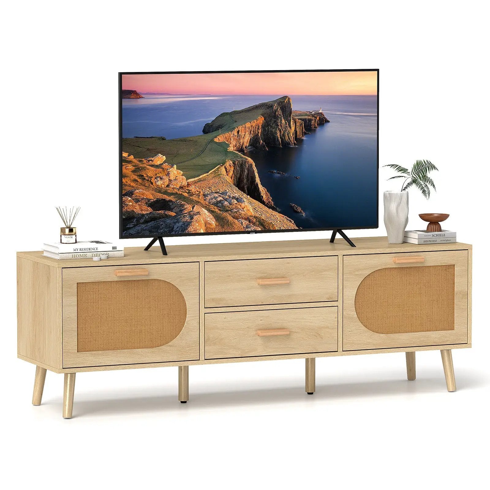 Rattan TV Stand for 65-Inch TV with Drawers and Solid Wood Legs-Natural by DirectDeals