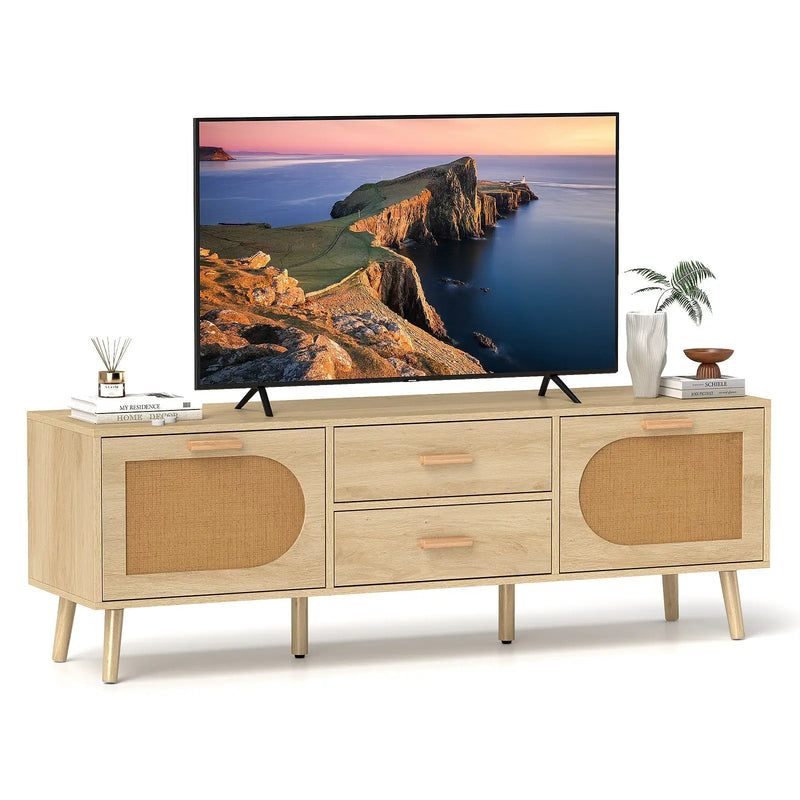 Rattan TV Stand for 65-Inch TV with Drawers and Solid Wood Legs-Natural by DirectDeals