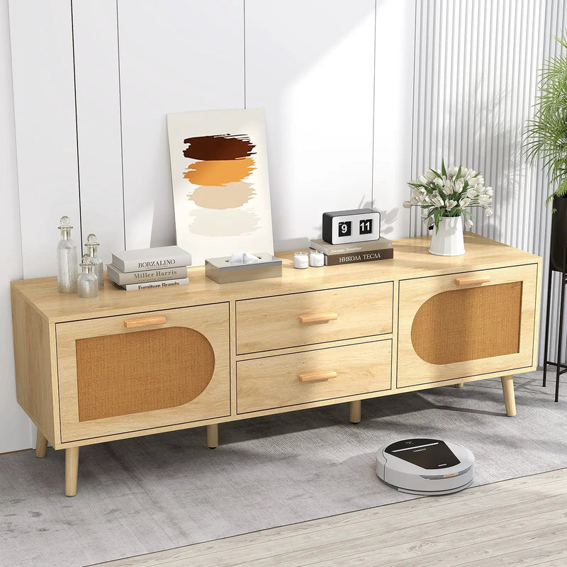 Rattan TV Stand for 65-Inch TV with Drawers and Solid Wood Legs-Natural by DirectDeals