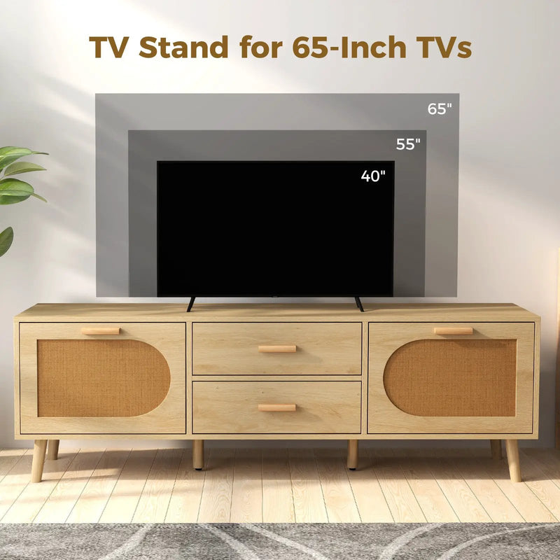 Rattan TV Stand for 65-Inch TV with Drawers and Solid Wood Legs-Natural by DirectDeals