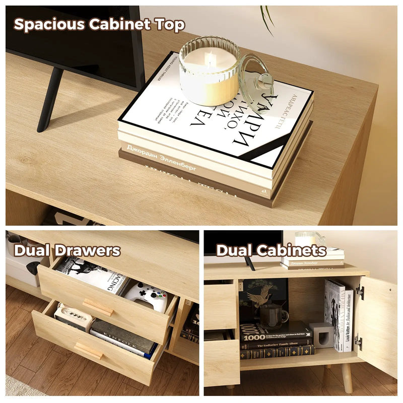 Rattan TV Stand for 65-Inch TV with Drawers and Solid Wood Legs-Natural by DirectDeals