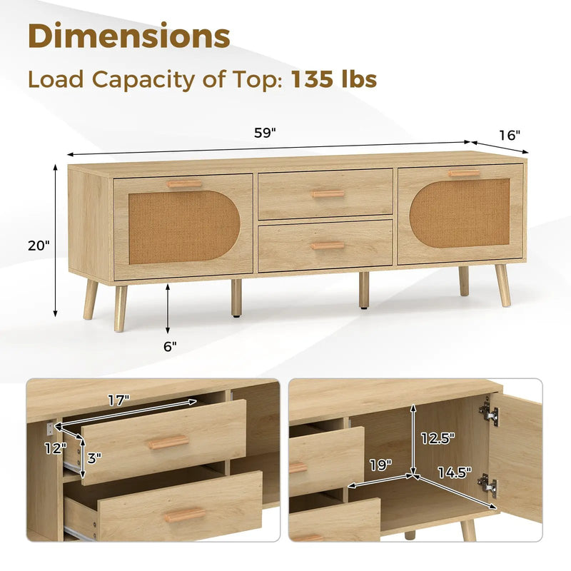 Rattan TV Stand for 65-Inch TV with Drawers and Solid Wood Legs-Natural by DirectDeals