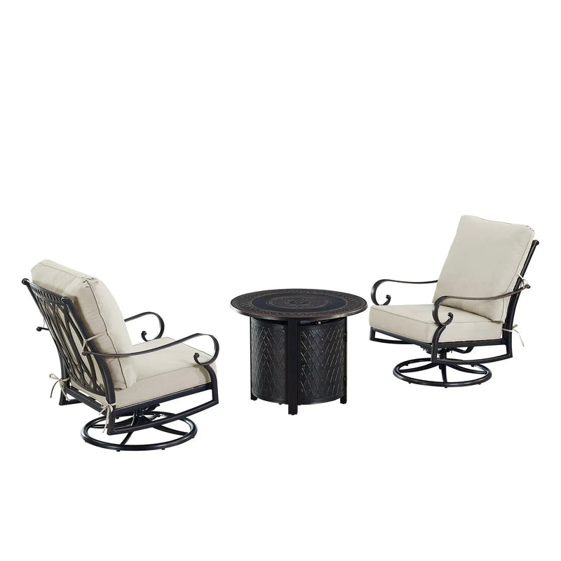 Black Aluminum Fire Table Bistro Set with Two Club Chairs by Sharicks
