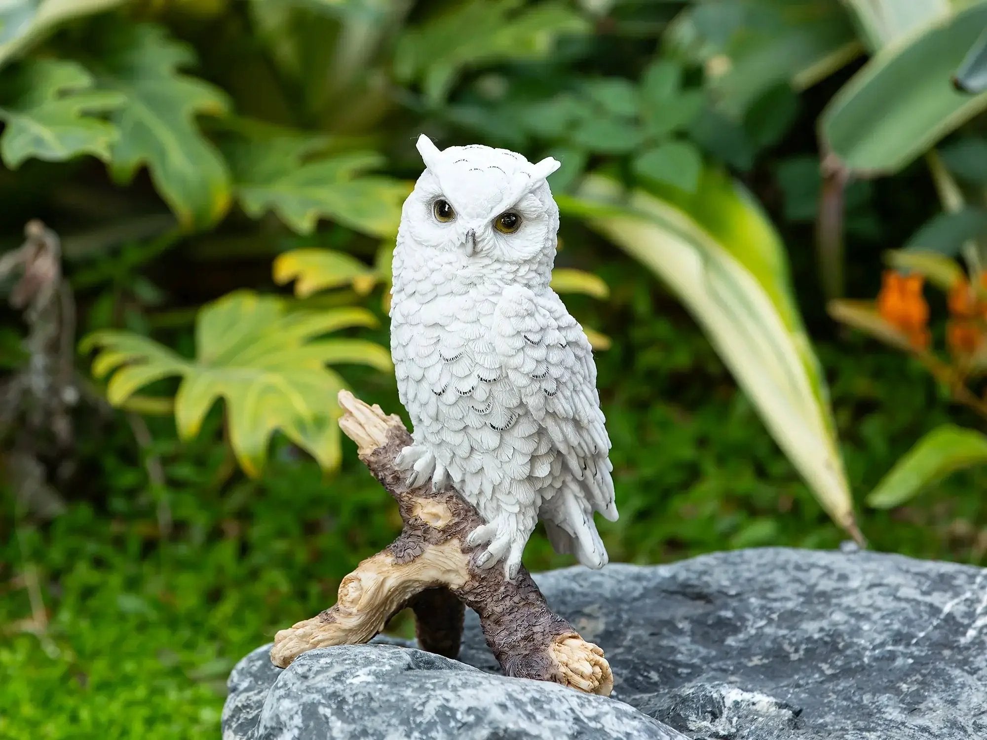 Realistic White Owl Garden Statue Perched on Branch by House Of Avana
