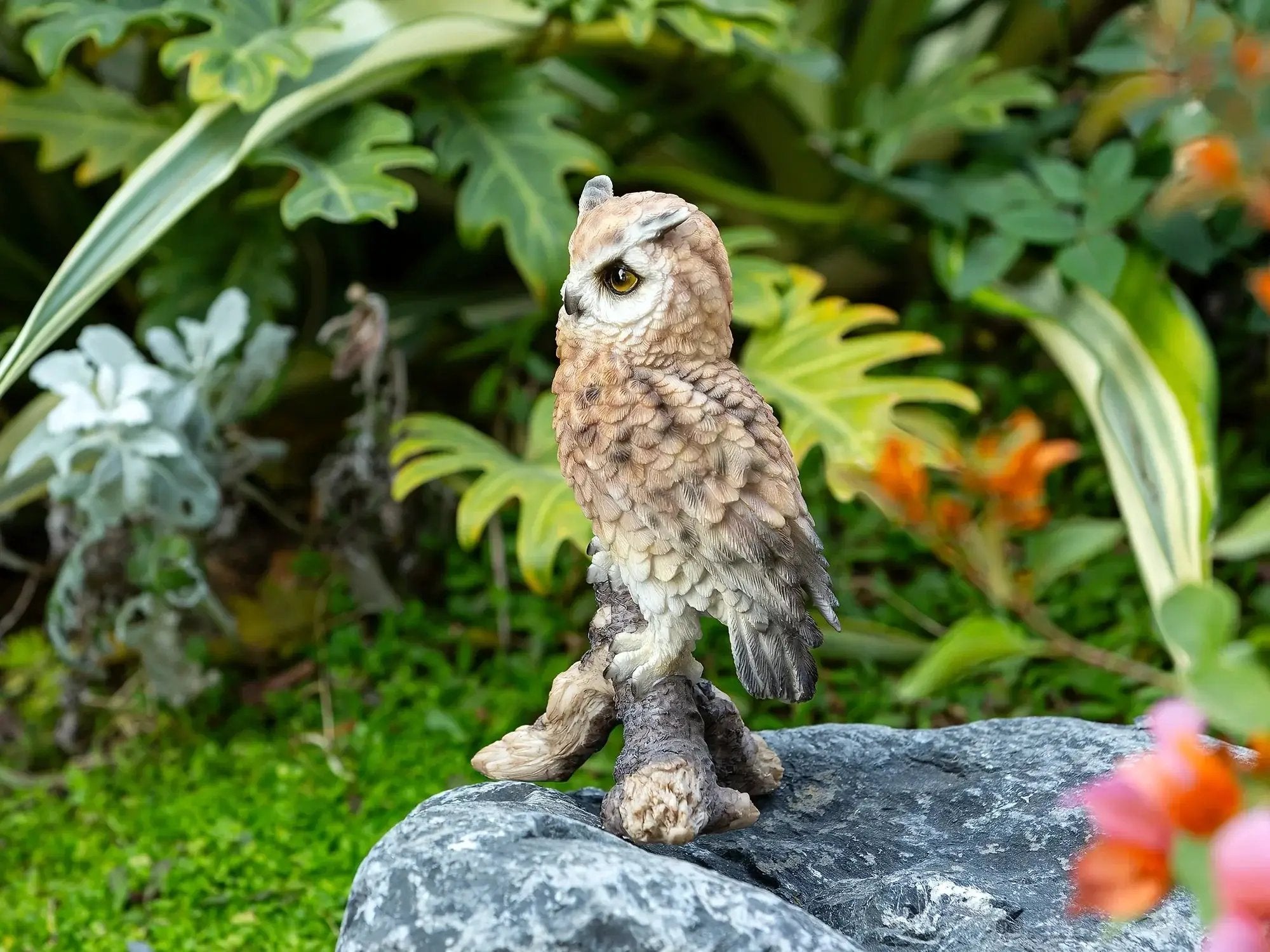 Realistic White Owl Garden Statue Perched on Branch by House Of Avana