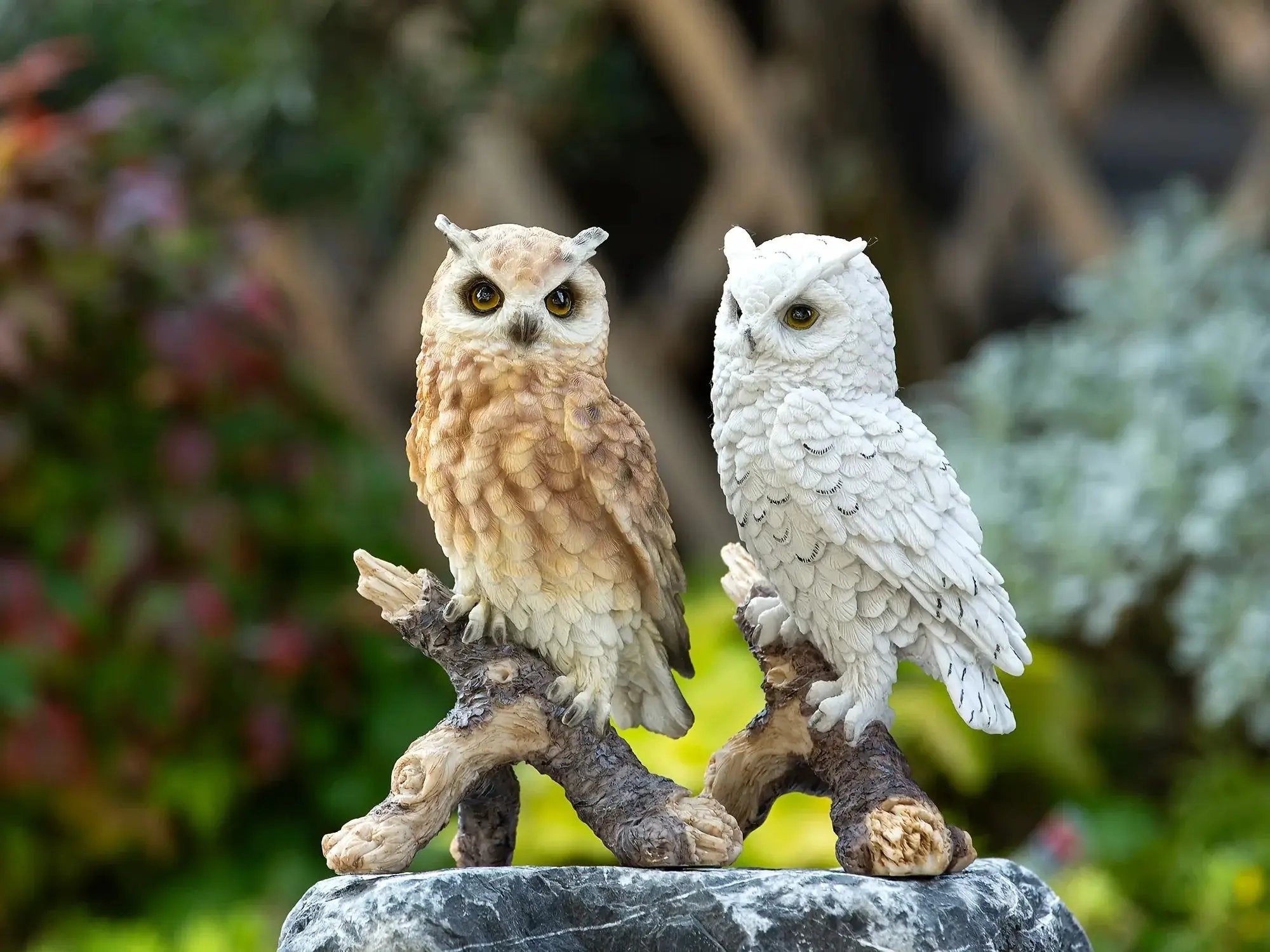 Realistic White Owl Garden Statue Perched on Branch by House Of Avana