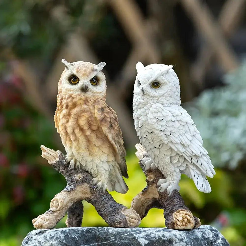 Realistic White Owl Garden Statue Perched on Branch by House Of Avana