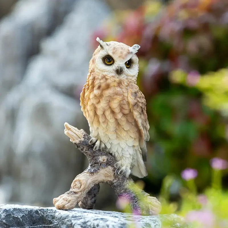 Realistic White Owl Garden Statue Perched on Branch by House Of Avana
