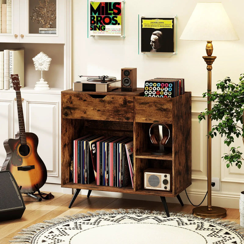 Record Player Stand with Power Outlet-Rustic Brown by DirectDeals