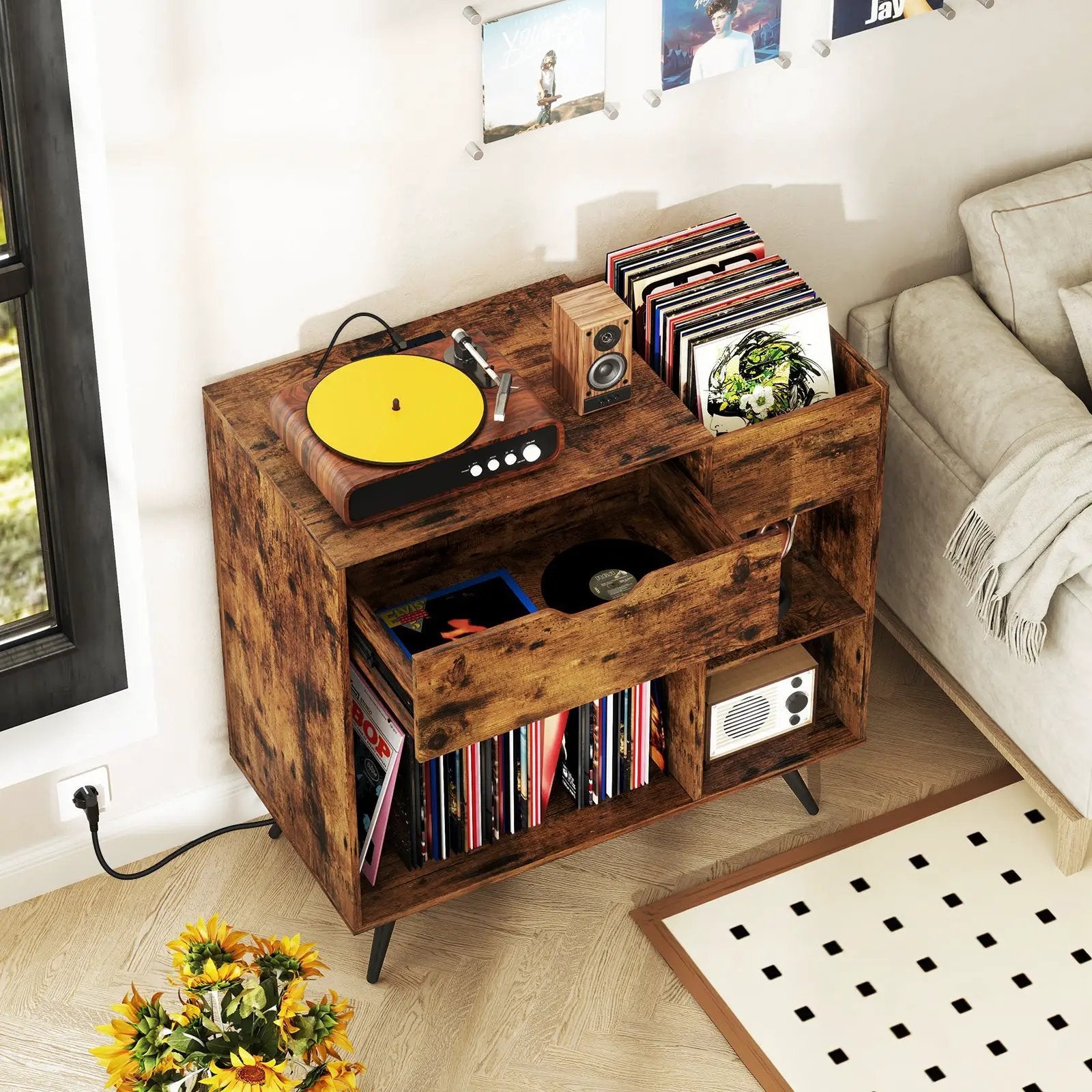 Record Player Stand with Power Outlet-Rustic Brown by DirectDeals