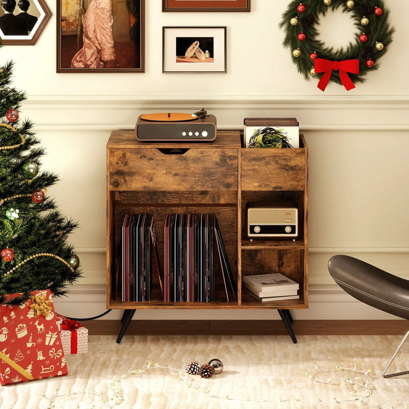 Record Player Stand with Power Outlet-Rustic Brown by DirectDeals