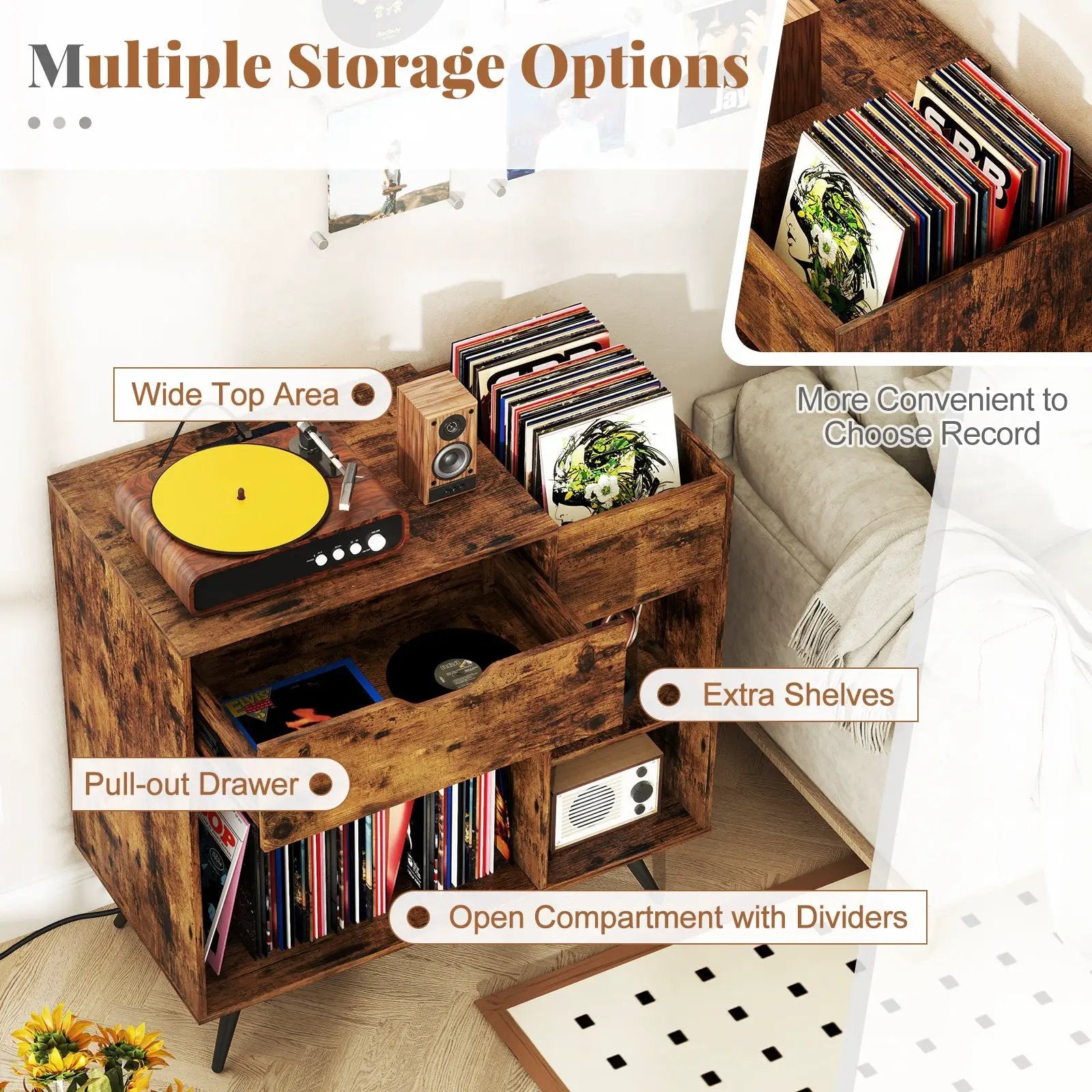 Record Player Stand with Power Outlet-Rustic Brown by DirectDeals