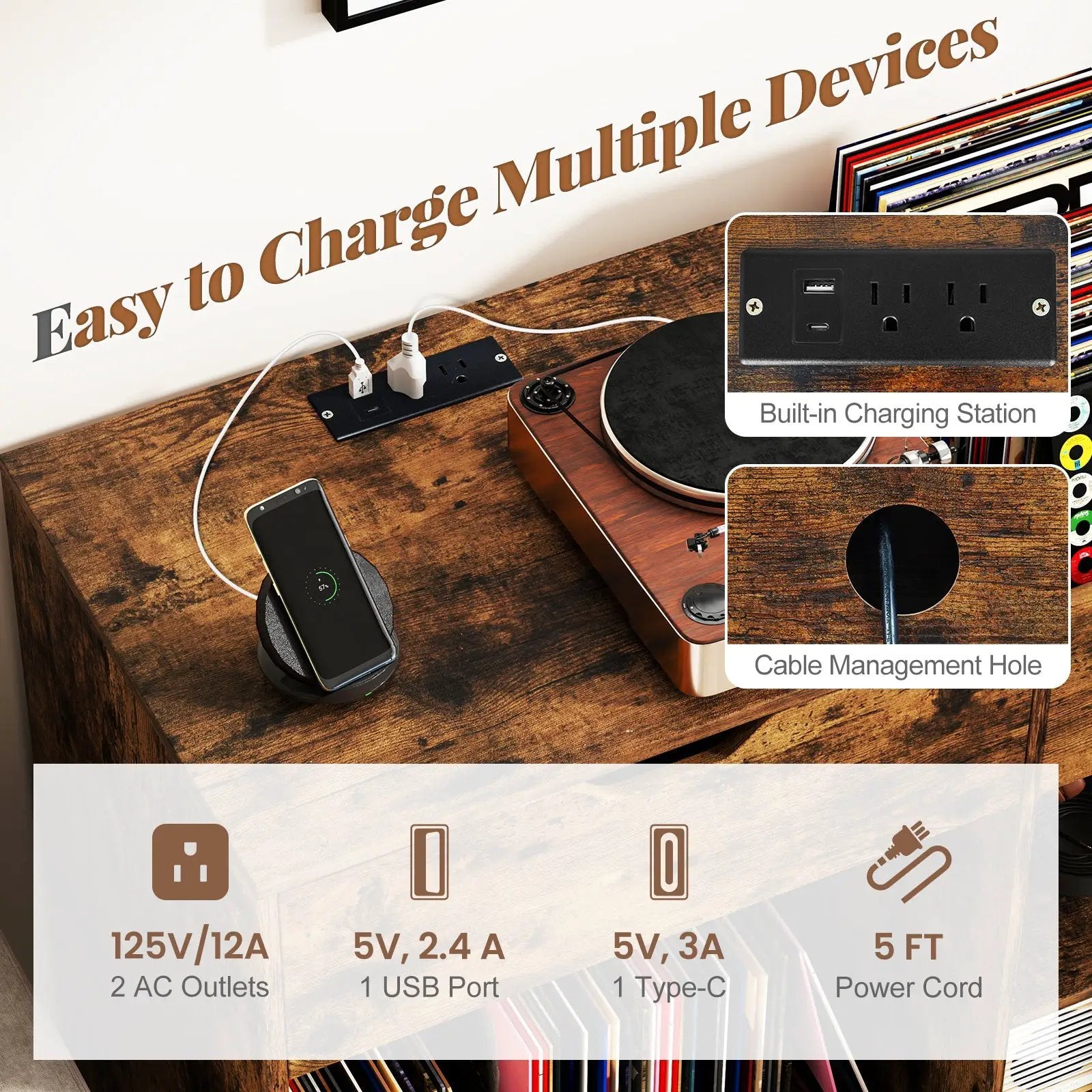 Record Player Stand with Power Outlet-Rustic Brown by DirectDeals
