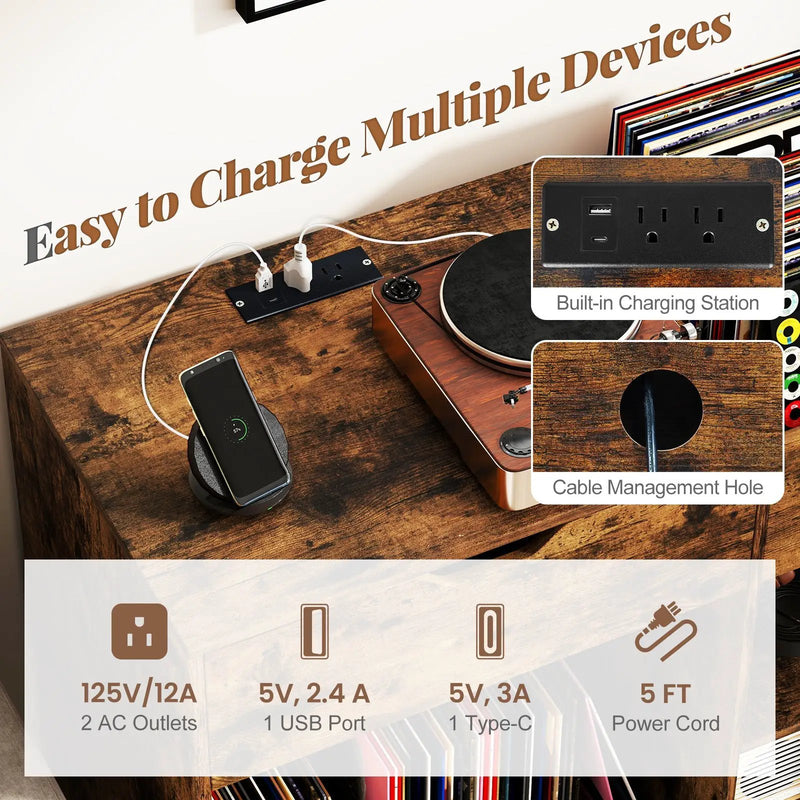 Record Player Stand with Power Outlet-Rustic Brown by DirectDeals