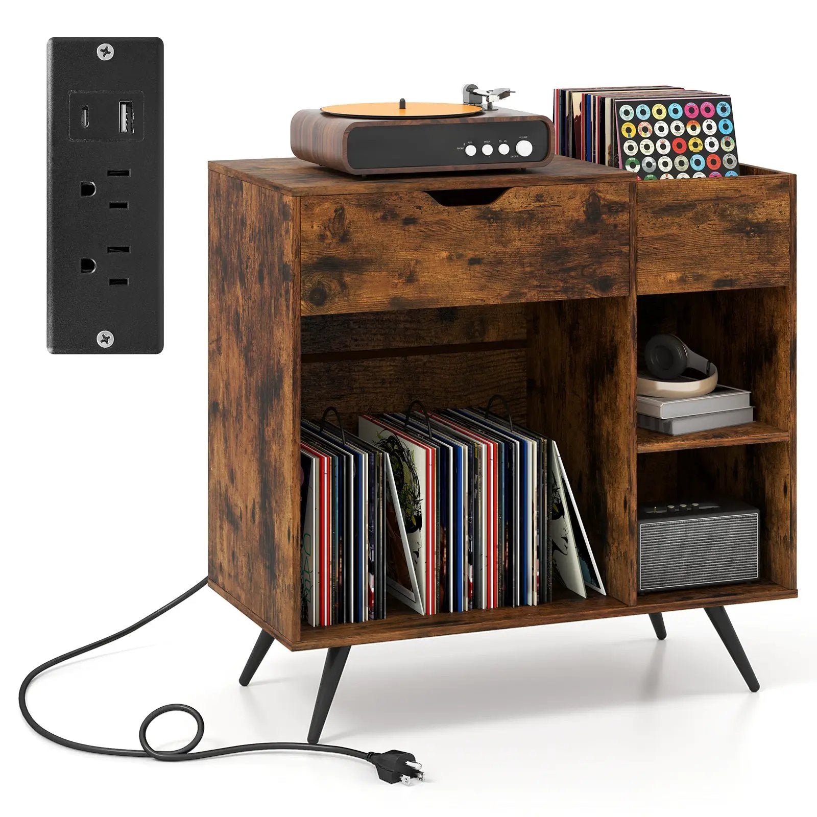 Record Player Stand with Power Outlet-Rustic Brown by DirectDeals