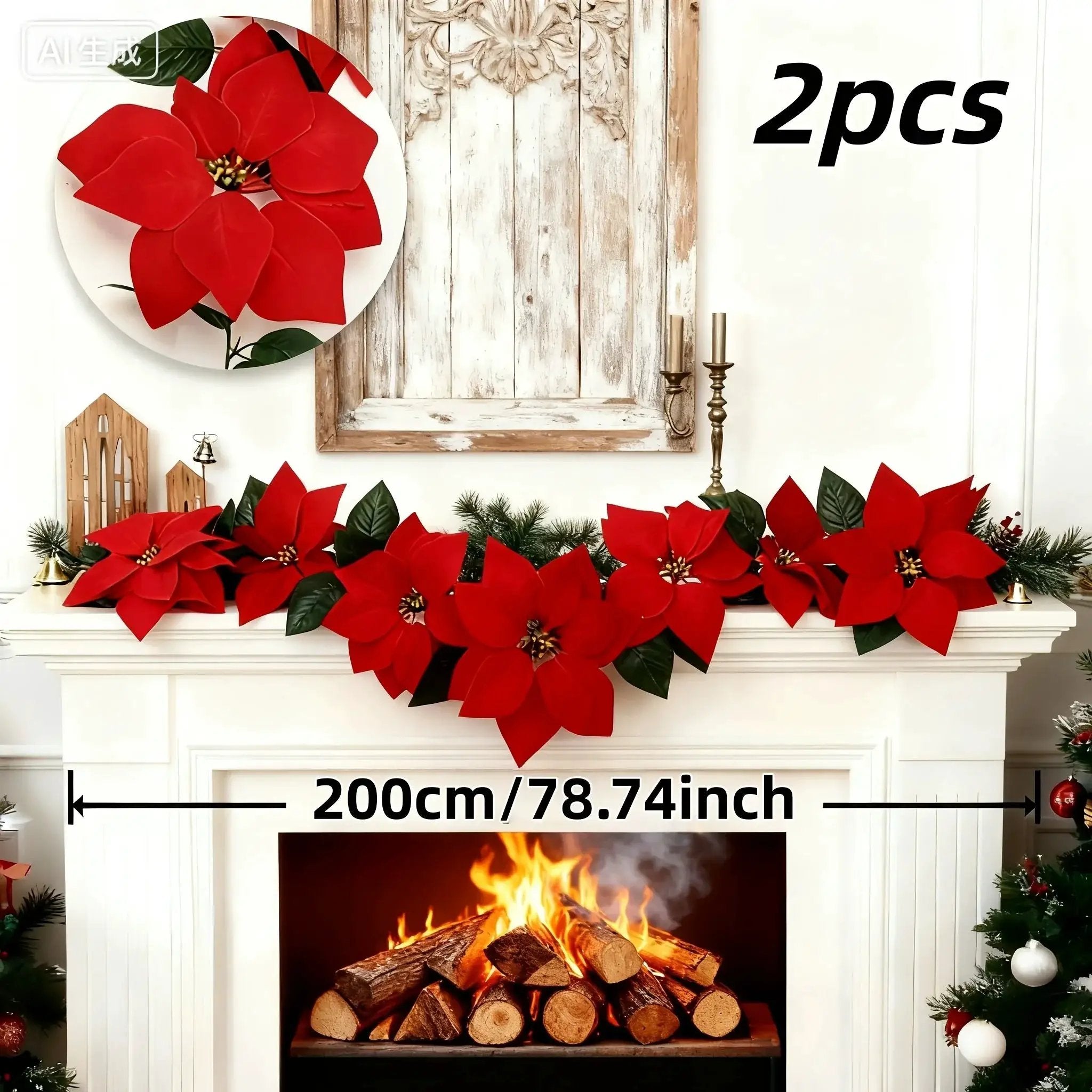 Red Artificial Poinsettia Wreath 2-Pack, Maintenance-Free by House Of Avana