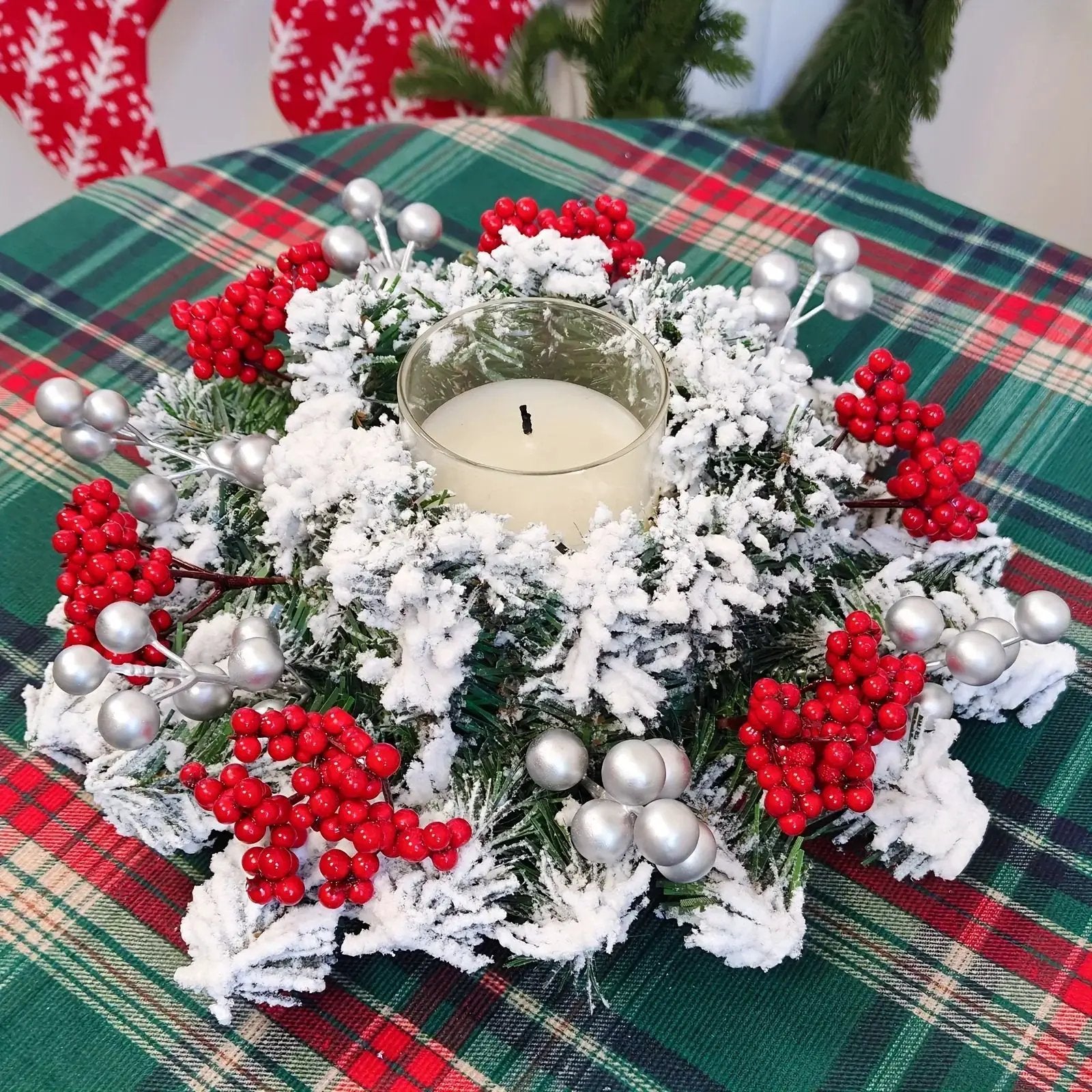 Red Berry Christmas Wreath with Snow Covered Decorations by House Of Avana