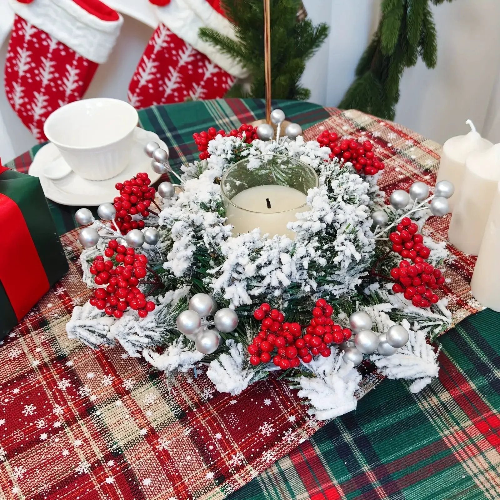 Red Berry Christmas Wreath with Snow Covered Decorations by House Of Avana