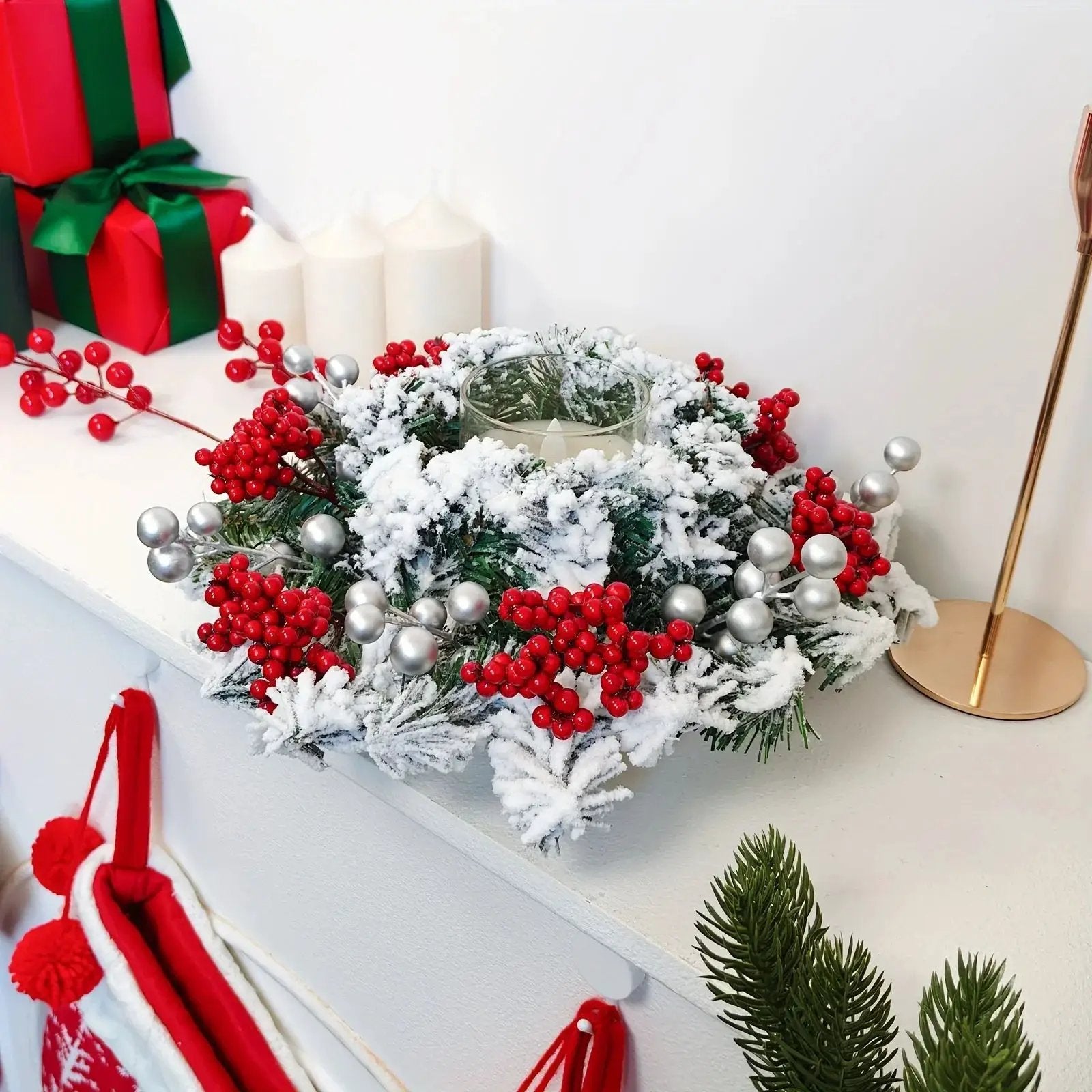 Red Berry Christmas Wreath with Snow Covered Decorations by House Of Avana