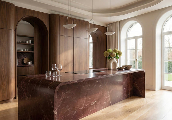 Red Bordeaux Honed Marble Slab Random room scene